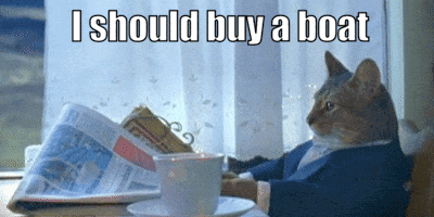 Meme of a cat sitting at a table thinking "I should buy a boat"